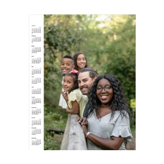 Calendar Posters: A single-page poster calendar with a large vertical family photo and a year-at-a-glance calendar.