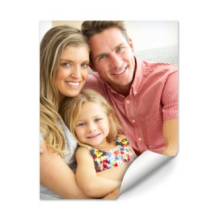 Posters: A vertical photo poster of a smiling family of three.