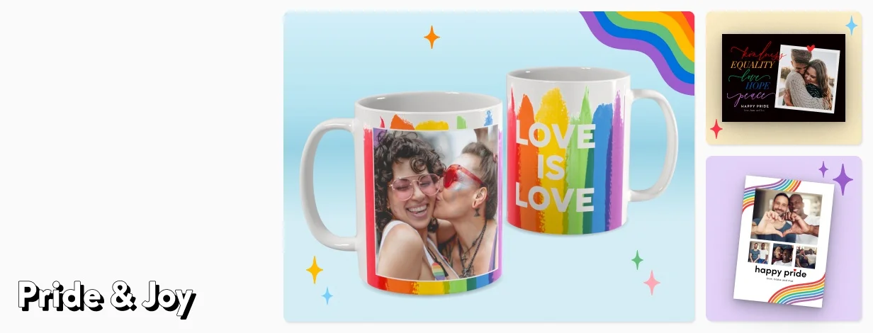 A collection of personalized Pride-themed gifts, including a photo mug and stationery.