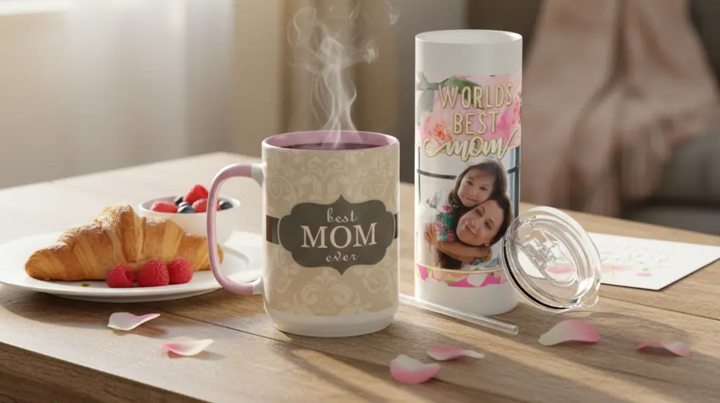 Custom travel mugs and personalized ceramic photo mugs for Mother's Day morning