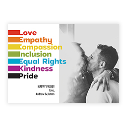 Rainbow Crew Card: A Happy Pride card with a black and white photo of a couple and a list of inspirational words.