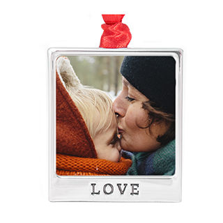 Metal Frame Ornament, Love: A square silver metal frame ornament with a photo of a mother and child, and the word Love embossed below.