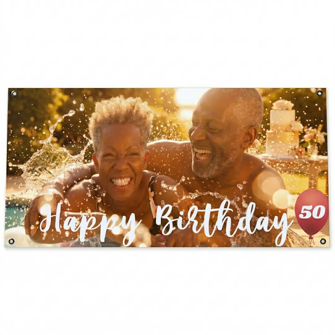 Large personalized vinyl birthday banner for adult party celebrations.