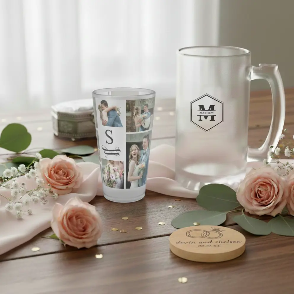 Personalized barware and engraved glassware for weddings