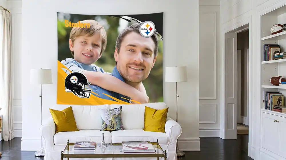 Custom photo gifts for dad featuring a Pittsburgh Steelers branded wall tapestry with a personalized father-son photo.