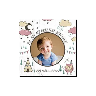 Mounted Prints: A square mounted print with a baby photo, a woodland theme, and the text You are my greatest adventure.