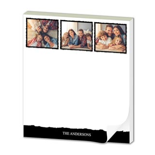 Notepads: A personalized notepad with a three-photo family collage and a custom family name.
