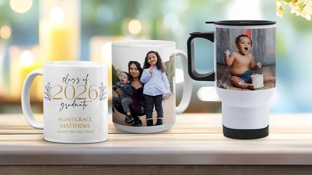 Same day custom drinkware featuring personalized graduation mugs, family photo mugs, and birthday travel tumblers ready for 1-hour pickup