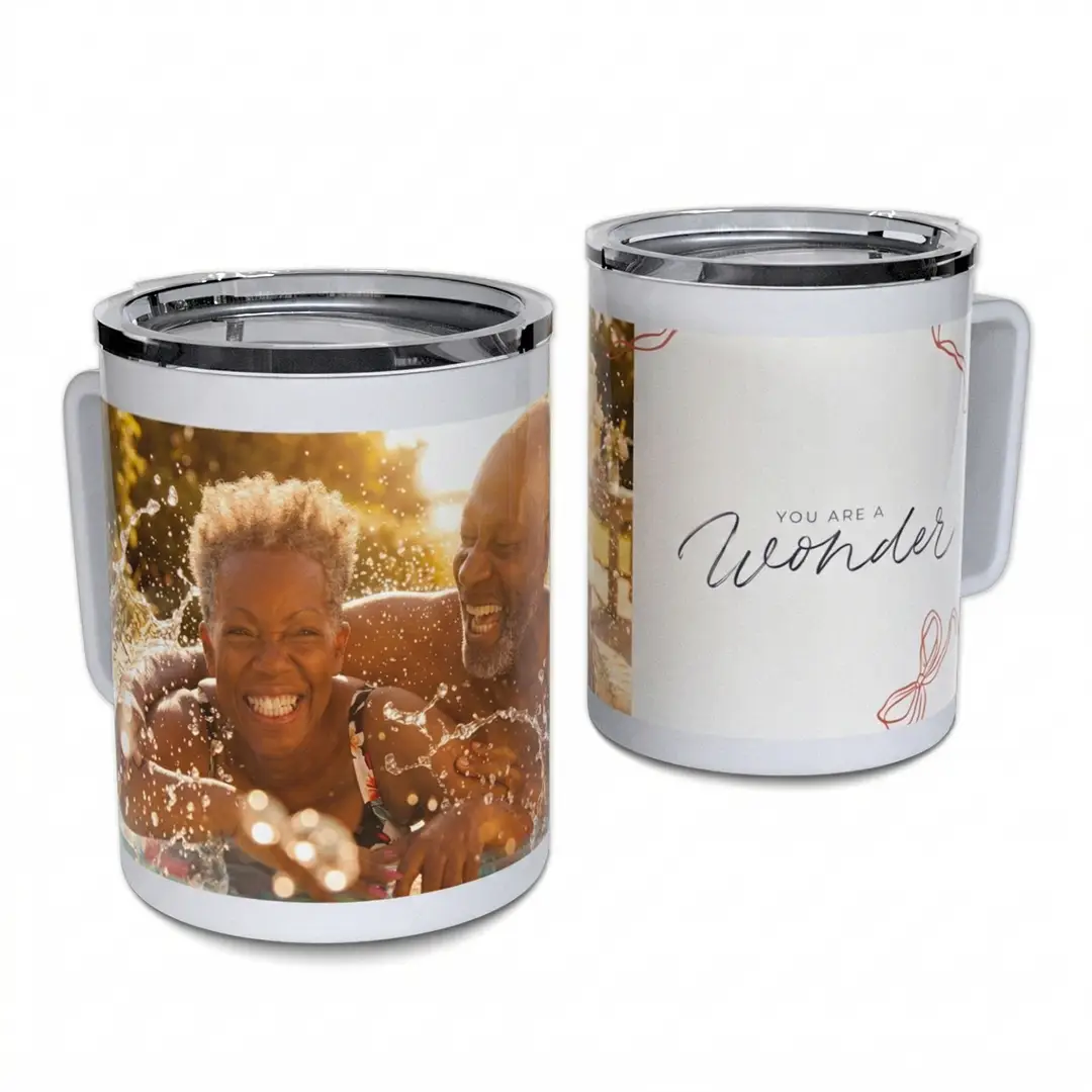 10oz insulated coffee travel mug with a personalized birthday message.