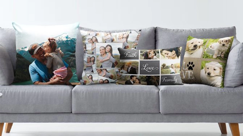 Collection of custom photo pillows to match personalized blankets.