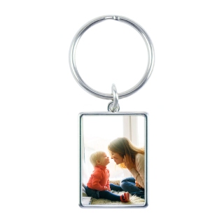 Rectangular metal photo keychain featuring a mother and child