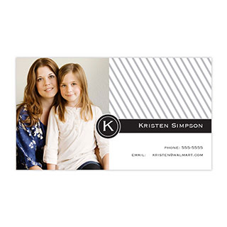 Custom Business Card Printing: A personalized business card with a photo of a mother and daughter, a monogram, and contact details.