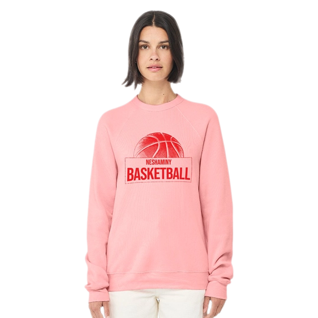 Sweatshirts: A model wearing a pink sweatshirt with a personalized basketball design.