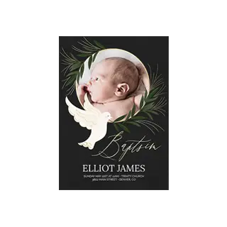 Baptism and Christening Cards: A baptism invitation with a photo of a baby, a white dove, and personalized event details.