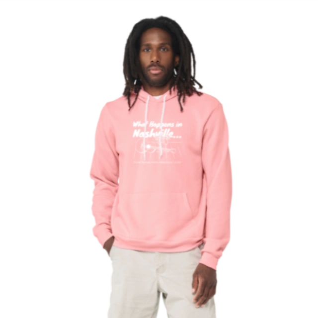 Hoodies: A model wearing a pink hoodie with a personalized What Happens in Nashville graphic.
