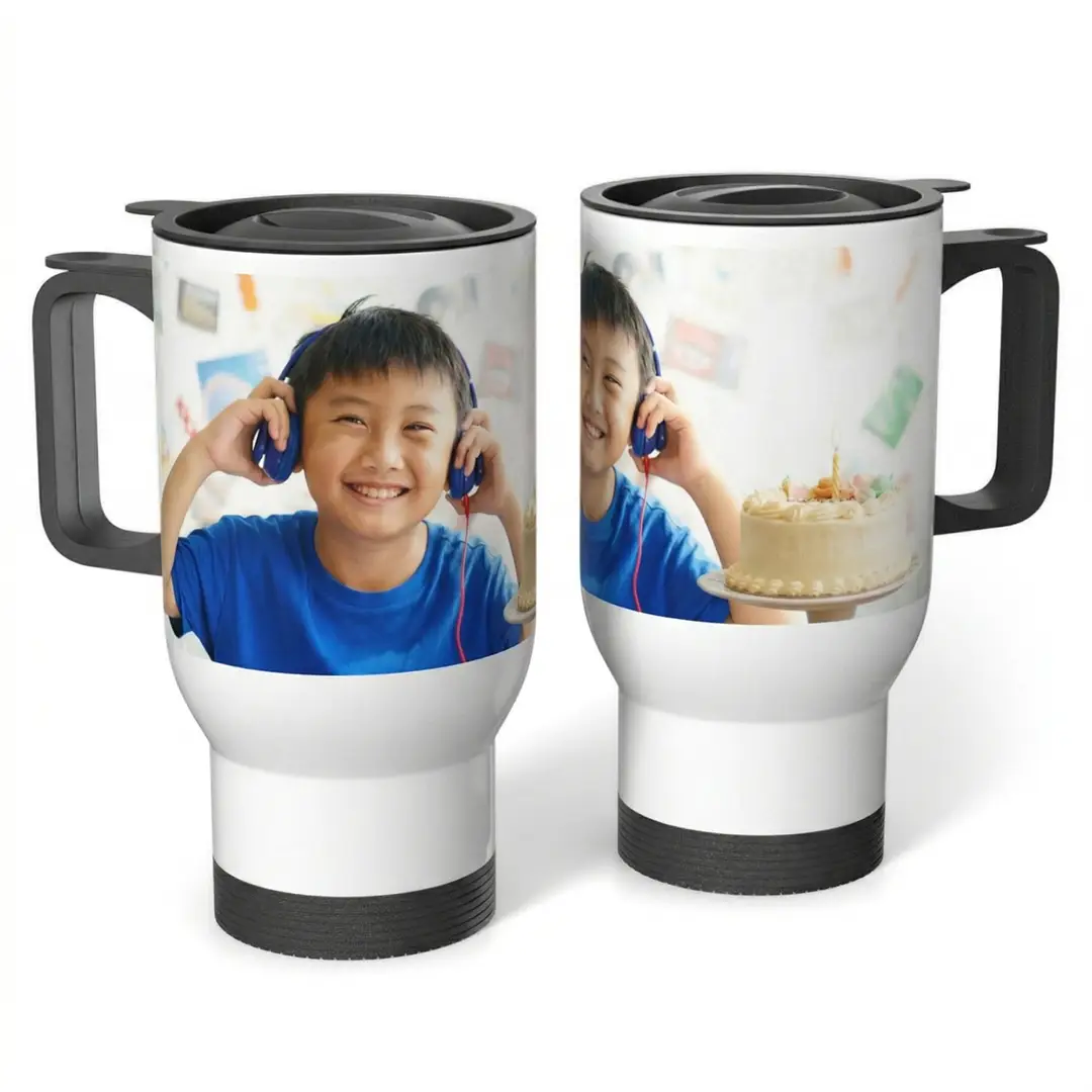 14oz stainless steel tumbler with a personalized kids birthday design.