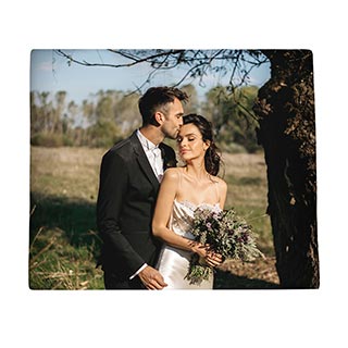 Blankets: A square photo blanket with a picture of a bride and groom in a field.