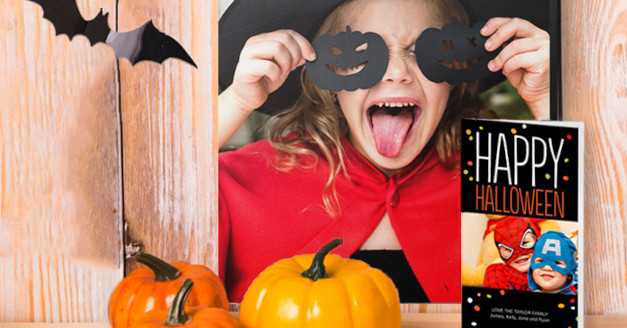 Halloween Cards: A Happy Halloween photo card displayed with pumpkins and other festive decor.