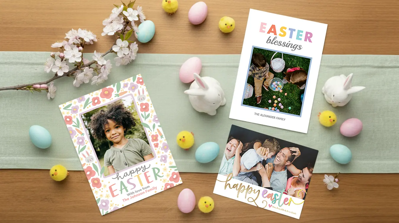 Custom Easter greeting cards with floral designs and family photos