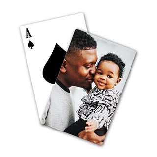 Playing Cards: A playing card with a personalized back featuring a photo of a father and his baby.