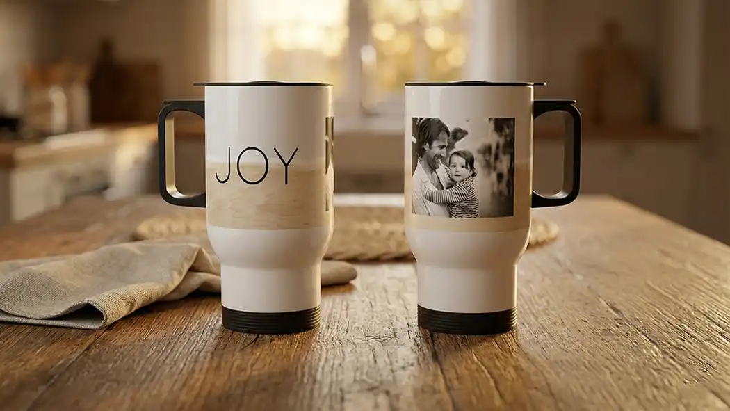 Custom travel mugs featuring a 
