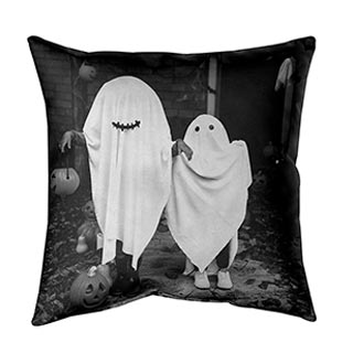 Pillows: A square photo pillow with a black and white picture of two people in ghost costumes.