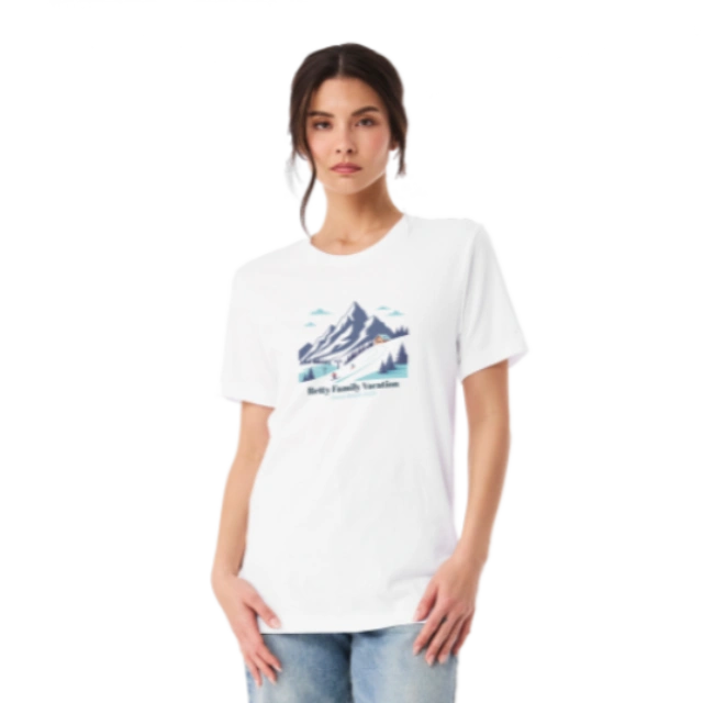 Unisex Jersey Tee - White, Size S: A model wearing a white t-shirt with a personalized family vacation graphic of a ski mountain.