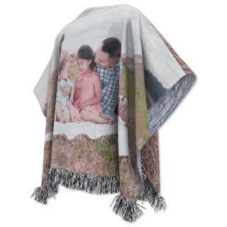 Woven Poncho: A woven photo poncho with fringe, featuring a large collage of family pictures.
