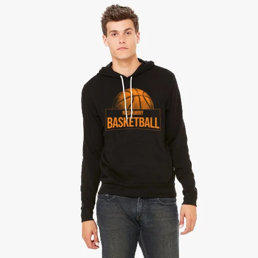 Unisex Sponge Fleece Hoodie - Black, Size L: A model wearing a black hoodie with a basketball image on the front.