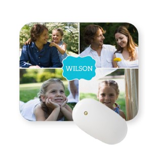 Designed Mouse Pads: A personalized mouse pad with a four-photo family collage and a custom name.