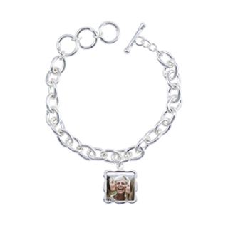Silver link charm bracelet with personalized square photo charm
