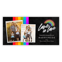 Love is love card: A Happy Pride card with a family photo collage and a neon Love is Love sign.