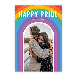 Rainbow Arch Card: A Happy Pride card with a large rainbow arch framing a photo of a couple.