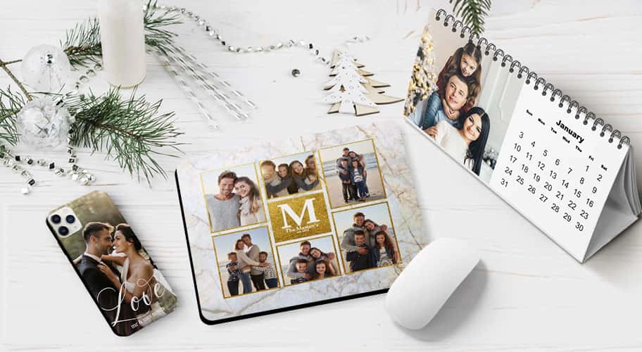 Personalized Office Gifts: A collection of personalized office gifts including a phone case, mouse pad, and desk calendar.