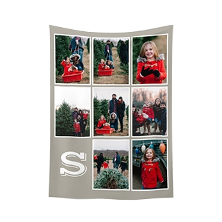 Custom Photo Tapestry: A large personalized wall hanging featuring a nine-photo family collage and monogram.