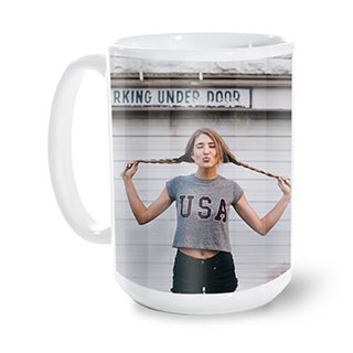 Ceramic Mugs: A large white mug personalized with a full wrap-around photo of a young woman.