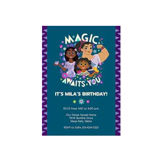 Licensed Character Cards: A Disney Encanto themed birthday party invitation with personalized event details.