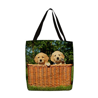 Totes: A tote bag personalized with a photo of two golden retriever puppies in a basket.