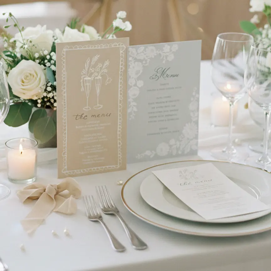 Custom wedding menu cards for reception table decor