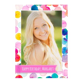 Birthday Cards: A personalized birthday card with a watercolor dot border, a photo, and a happy birthday message.