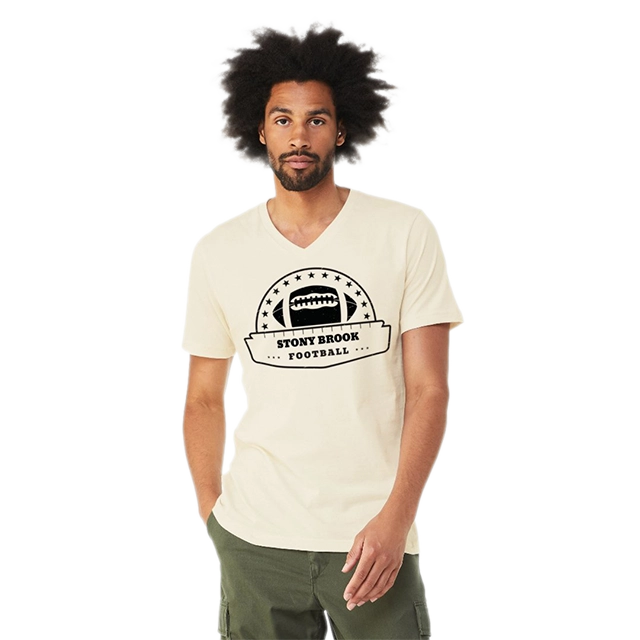 V-Neck T-shirts: A model wearing a beige v-neck t-shirt with a personalized football design.