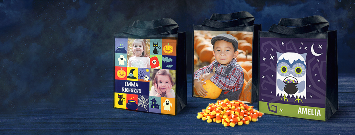 Halloween Tote Bags: Three different personalized Halloween tote bags, including photo and graphic designs.