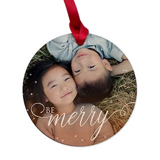 Maple Ornament Round: A round wooden ornament with a photo of two children and the text Be Merry in a script font.