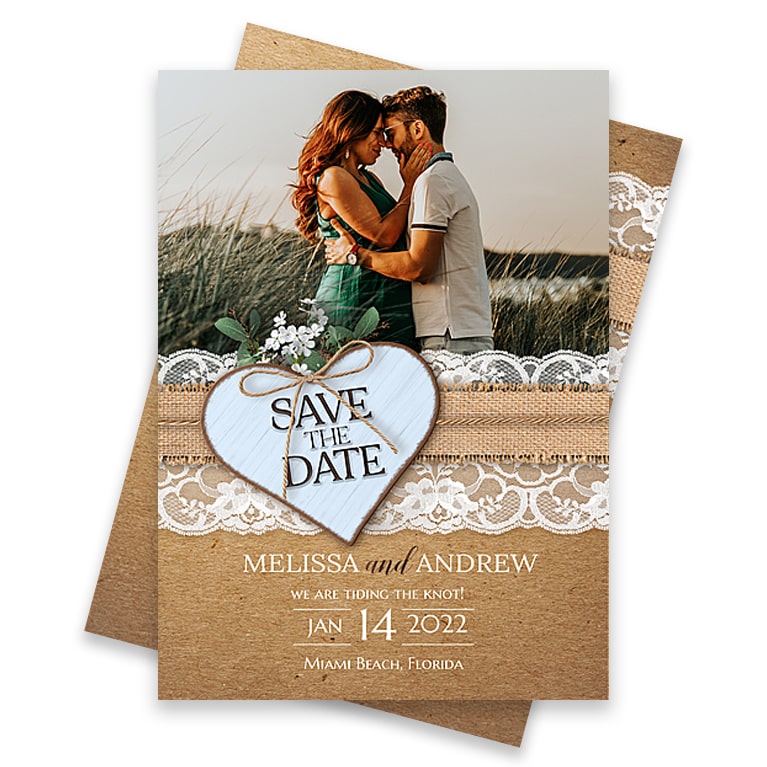 Personalized save the date photo cards with rustic burlap and lace theme