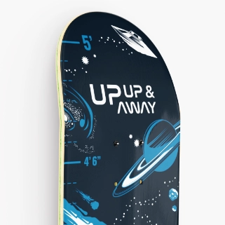 Custom skateboard deck designed as a space-themed growth chart for personalized wall décor.