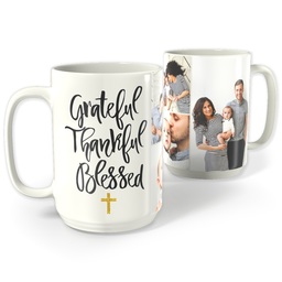 White Photo Mug, 15oz with Grateful Thankful Blessed Cross design