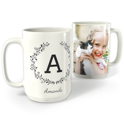 White Photo Mug, 15oz with Laurel Monogram design