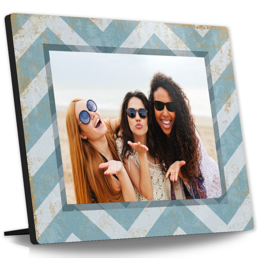 High Gloss Desk Art: An easel-back desk print with a chevron border, featuring a photo of three friends at the beach.