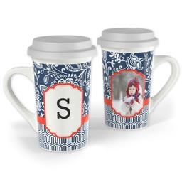 Premium Grande Photo Mug with Lid, 16oz with Fancy Brocade Monogram design