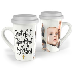 Premium Grande Photo Mug with Lid, 16oz with Grateful Thankful Blessed Cross design